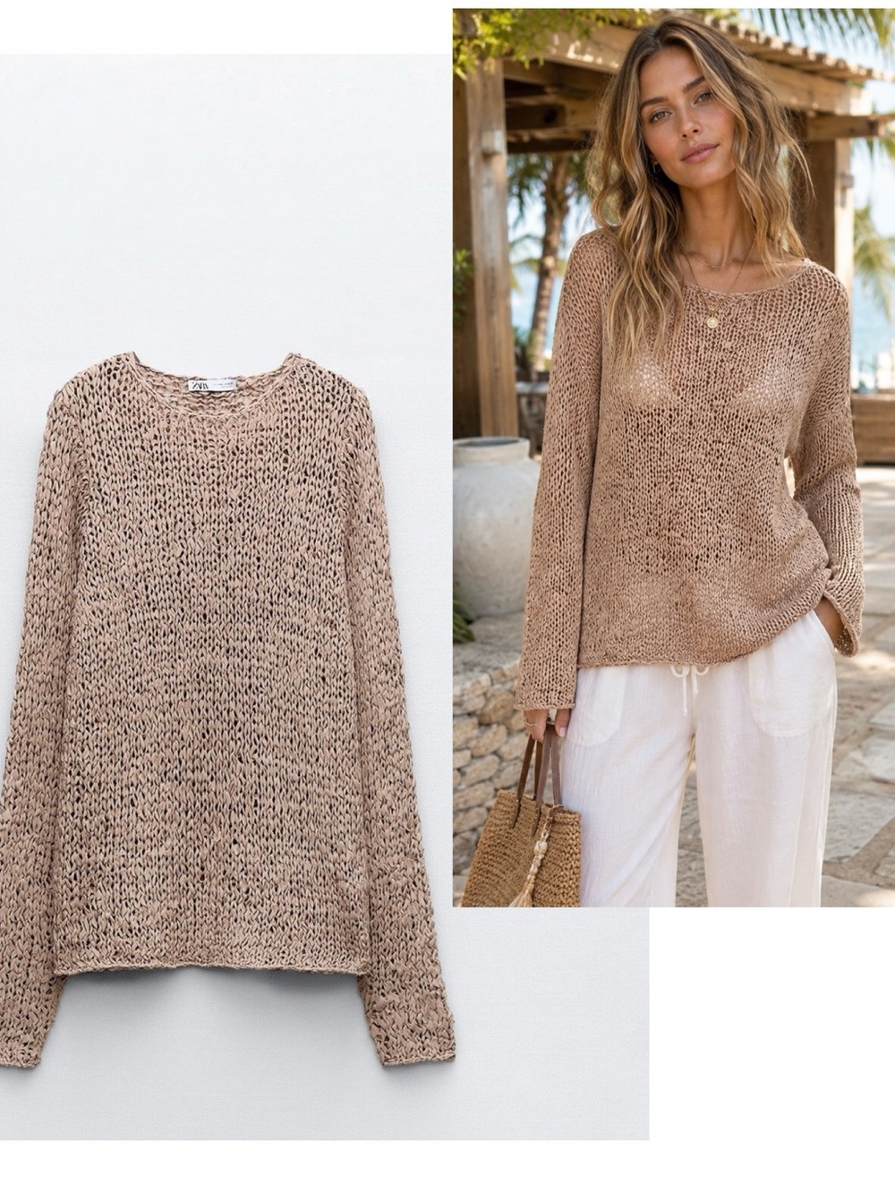 Zara Open Weave Knit Boho Resort Sweater Beige Tan Long Sleeve Size M-L